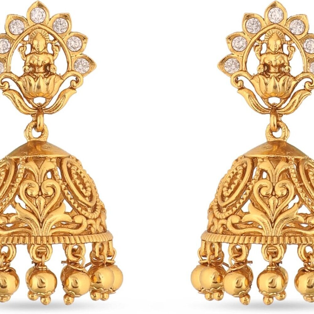 Antique Gold-Plated Brass Jhumka Earrings with Cubic Zirconia for Women
